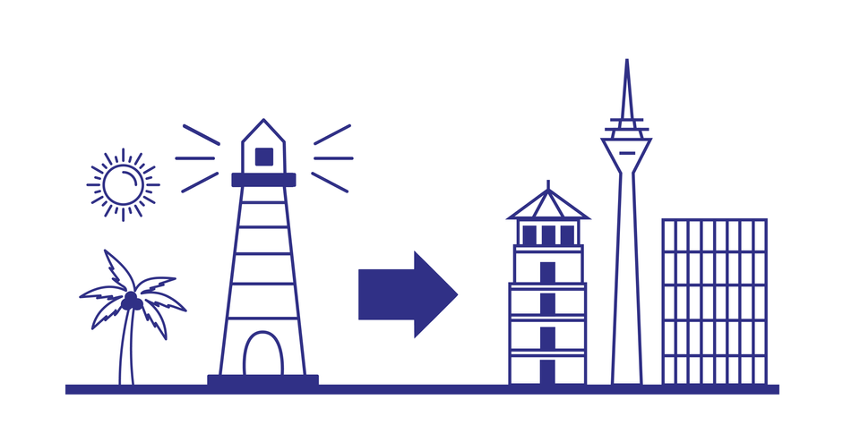 DentalConnect lighthouse to city skyline illustration